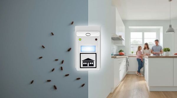 roaches on the left split screen and a happy family in a clean bug free kitchen pest control