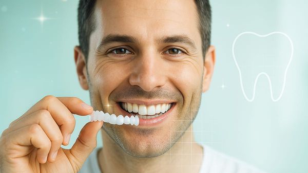 Smiling man holding a set of snap-on veneers in front of his teeth, showing a bright, confident smile against a clean turquoise background.