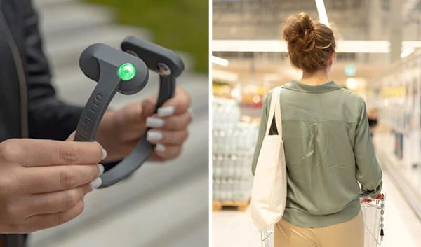 Woman walking in a grocery store and a woman holding Pulsetto for panic attack, therapy for anxiety and depression