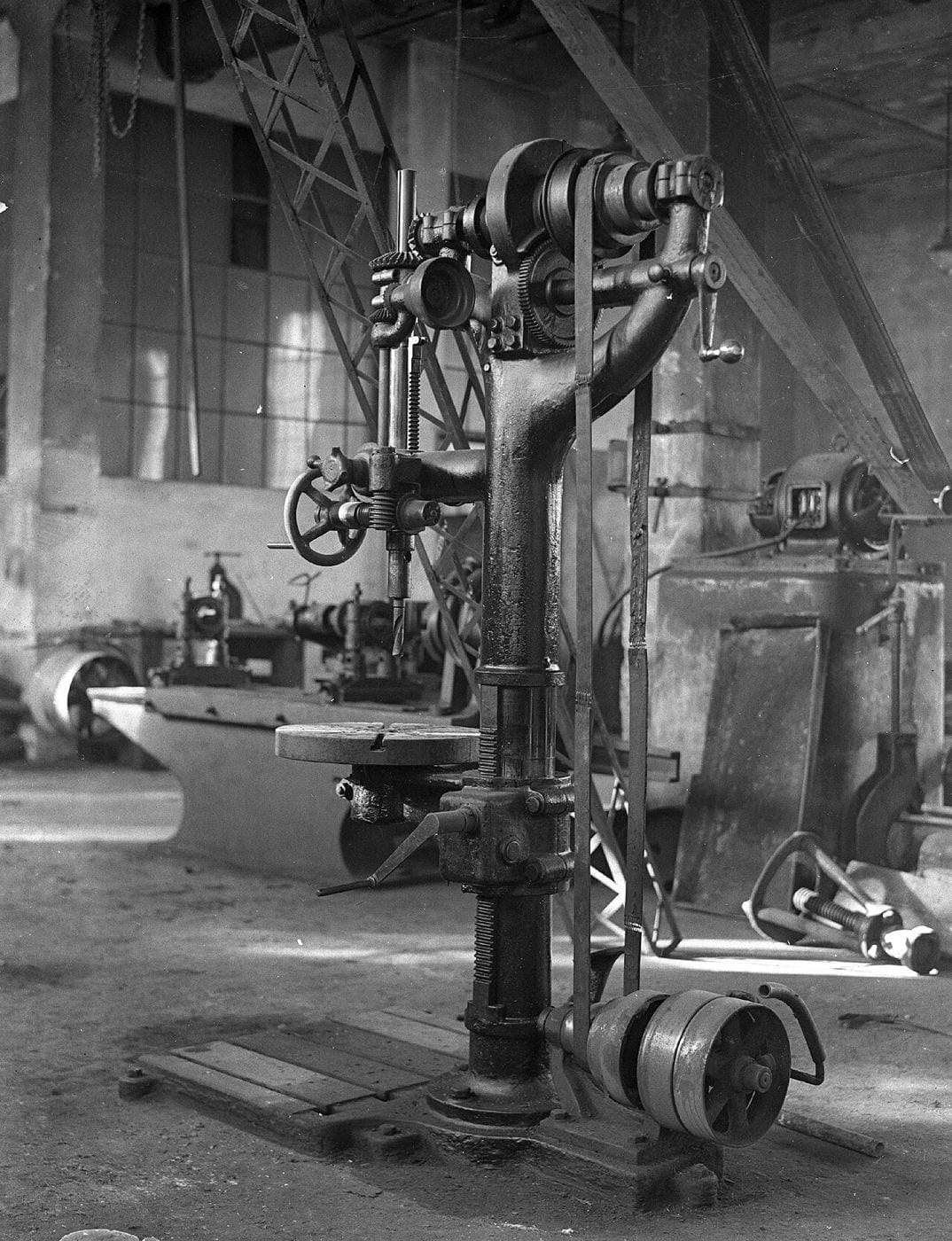 Belt driven machinery in a line shaft factory