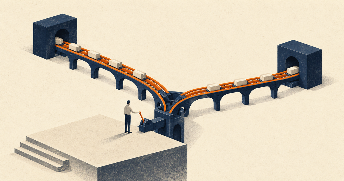 A small person operates an orange lever beside a navy junction, directing cream parcels along two branching orange tracks on a textured cream background.