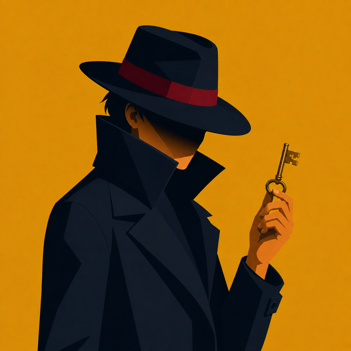 A mysterious figure in a trench coat and wide-brimmed hat holds up a large brass key. He is an archetypeThe Cipher.