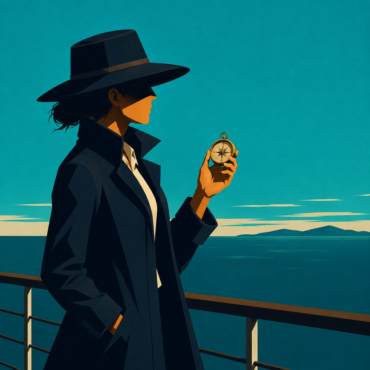 A woman stands on a ship's deck holding an old-fashioned compass looking out to sea and the land on the distant horizon. It is a graphic, poster style image. It is AI generated.
