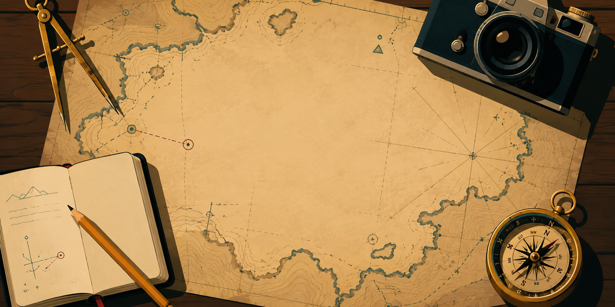 An old-fashioned parchment map is laid out on a wooden desk with a notebook and pencil, a compass, protractor, and an old-fashioned camera.