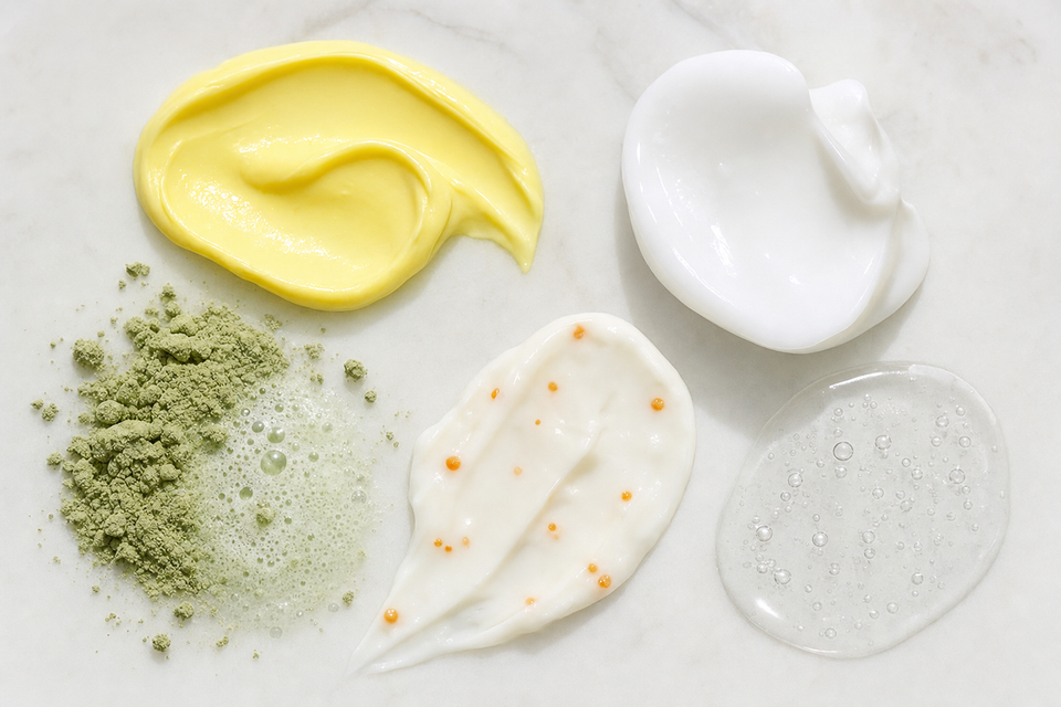 Tendencia K-Beauty sensorial 2026 — crema bakuchiol amarilla, mascarilla pudín, polvo de té verde, crema de cápsulas, tóner esencia