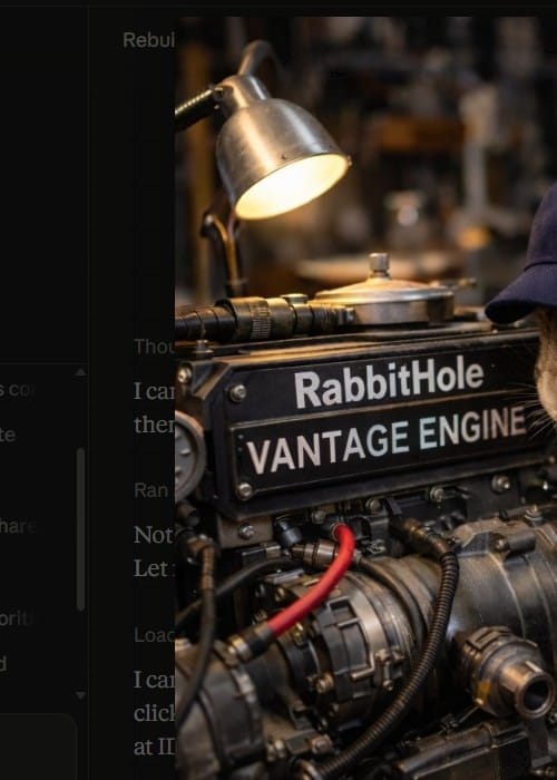 Petit Lapin rabbit in jumpsuit at RabbitHole Market Connector terminal with Kalshi prediction market data