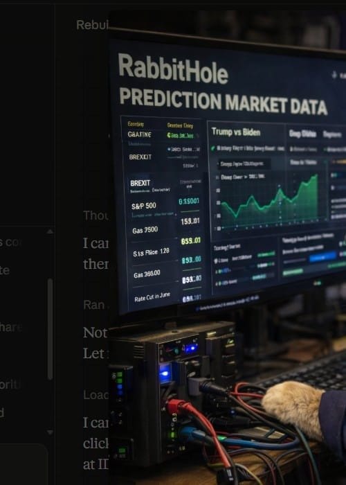 Petit Lapin rabbit in jumpsuit working on the RabbitHole Vantage Engine