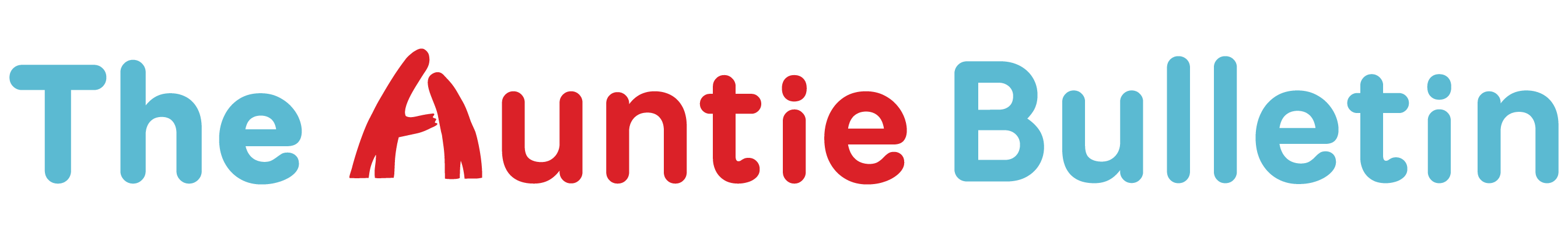 The Auntie Bulletin wordmark logo. "The" and "Bulletin" are in light blue rounded sans-serif type; "Auntie" is in red. The capital "A" in "Auntie" is stylized with a brushstroke shape resembling a tall figure with a small figure tucked beside it, echoing the newsletter's alloparenting theme.