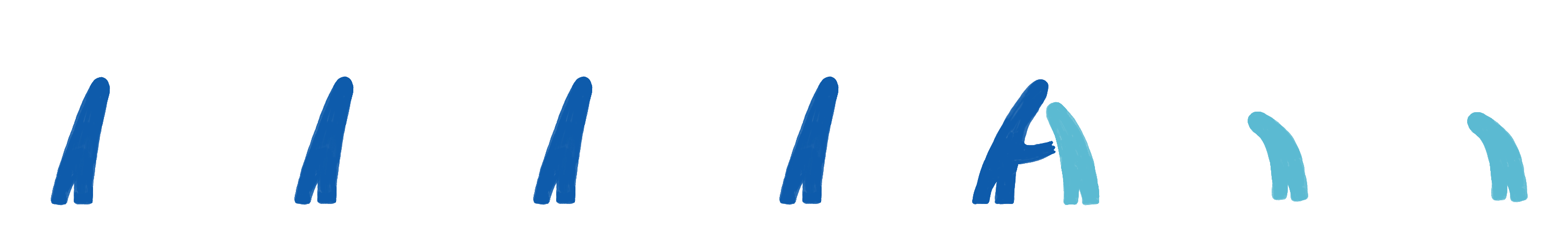 A row of seven stylized figures from The Auntie Bulletin's branding, illustrating how two abstract brushstroke figures combine to form the letter "A." The leftmost figures are individual tall, narrow dark navy blue shapes resembling standing people. Moving right, a dark blue figure and a lighter teal figure are shown leaning into each other, their forms together creating the shape of the letter "A"—one figure as each leg of the letter. The rightmost figures show the teal figure alone. White background.