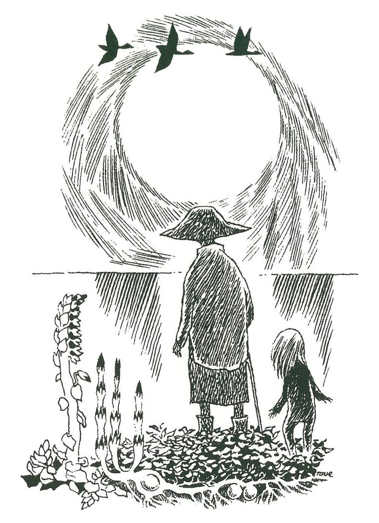 Black and white illustration of a person and child watching birds fly overhead.