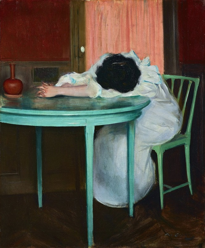 Oil painting of a woman in a white dress slumped face-down on a round turquoise table, one arm extended, head resting on the table. A red vase sits nearby. Warm, dark interior with a pink curtain in the background.
