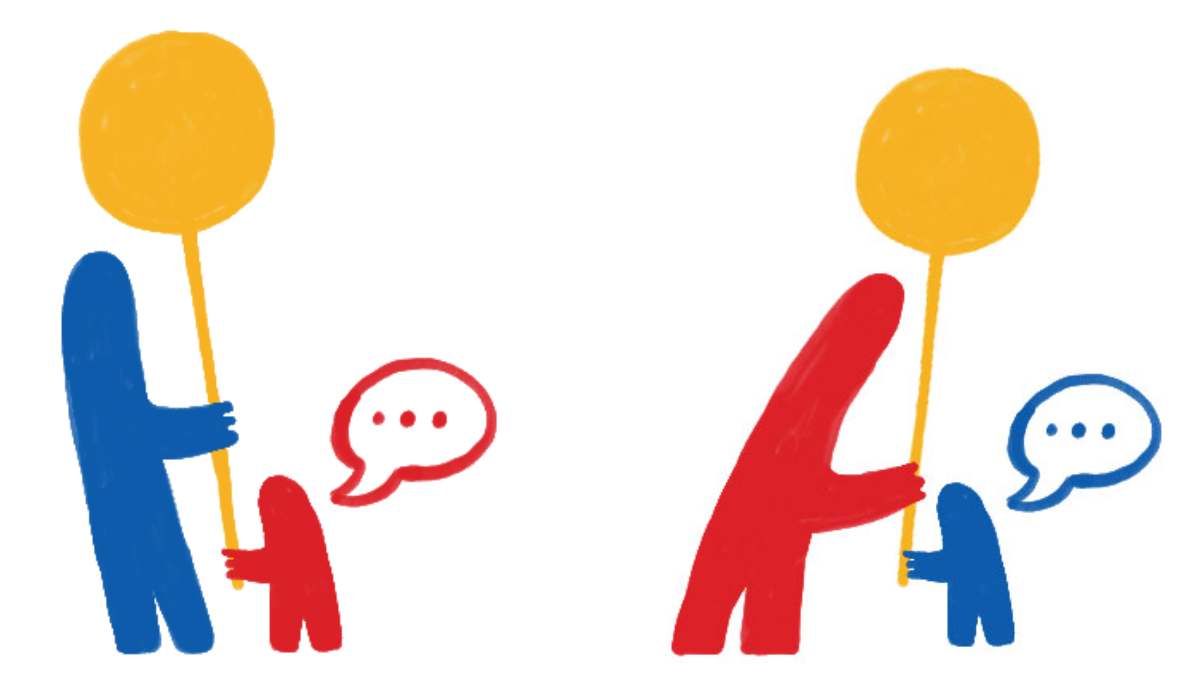 Simple, colorful illustration showing two pairs of abstract stick figures, each consisting of a taller figure and a smaller figure holding hands, with a yellow circle (head) on a stick above them. In the left pair, the tall figure is blue and the small figure is red; in the right pair the colors are reversed. Each small figure has a speech bubble with ellipsis dots, suggesting conversation. White background.