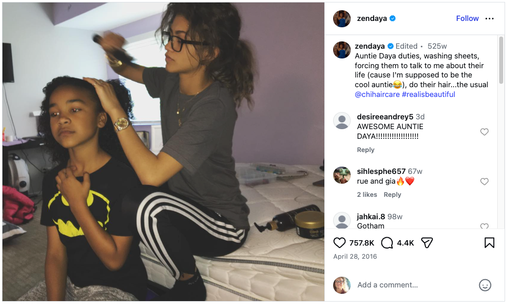 Instagram post from @zendaya showing her doing the hair of a younger child sitting on a bed. Zendaya, wearing glasses and a gray t-shirt, brushes the child's long natural hair. The caption reads: "Auntie Daya duties, washing sheets, forcing them to talk to me about their life (cause I'm supposed to be the cool auntie), do their hair...the usual." Posted April 28, 2016, with 757.8K likes.