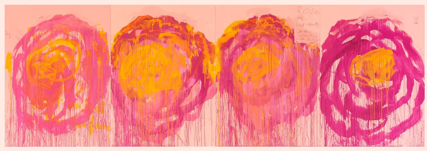 From Cy Twombly's Untitled (Roses) (2008). Four monumental panels, each one a rose in full bloom. Wide-format abstract painting featuring four large rose forms rendered in loose, gestural brushstrokes in hot pink, magenta, and golden yellow against a pale pink background. Paint drips vertically down the canvas. Handwritten text near the upper right reads "Rose."