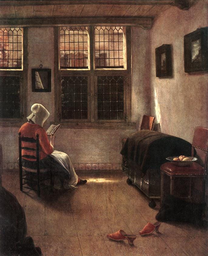 Classic painting of a woman reading a book by a window circa 1660