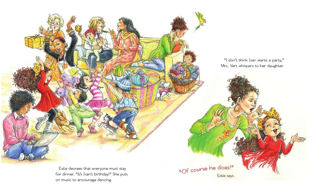 Illustrations from Ann Patchett’s picture book,&nbsp;The Verts. Various women sitting on a couch in the middle of children playing.