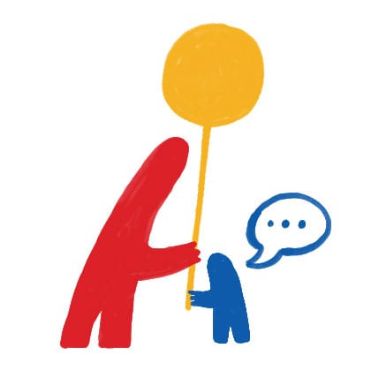 Simple, colorful illustration showing a pair of abstract stick figures, consisting of a taller figure and a smaller figure holding hands, with a yellow circle (head) on a stick above them. The small figure has a speech bubble with ellipsis dots, suggesting conversation. White background.