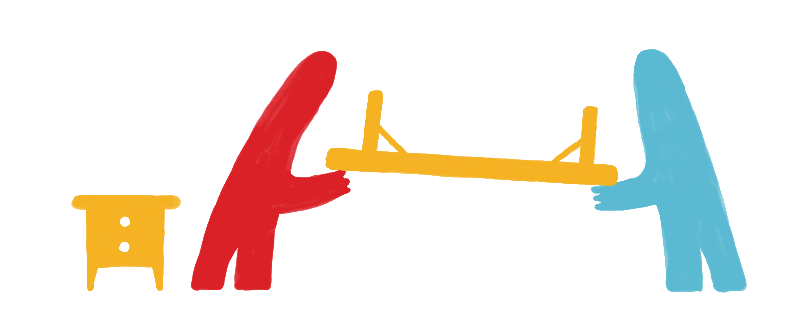 Simple graphic of two abstract figures in red and blue cooperating to carry a long yellow bench. A small yellow stool sits to the left.