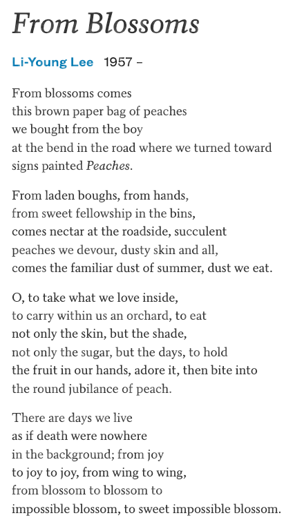 Screenshot of the poem "From Blossoms" by Li-Young Lee (1957–) displayed in dark type on a white background, showing all four stanzas of the full poem.