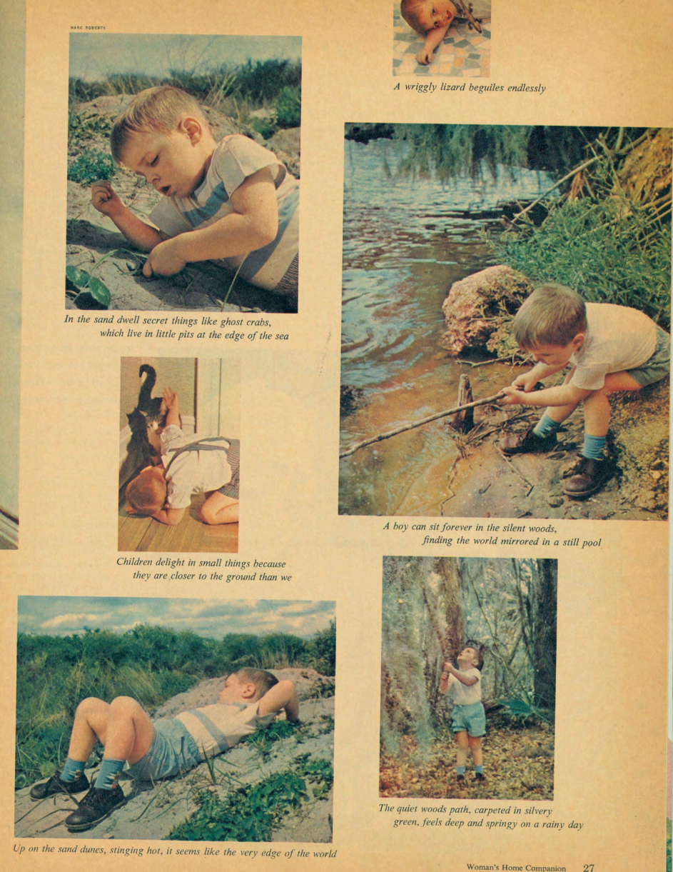 A yellowed page from Woman's Home Companion (page 27), featuring vintage color photos of young boys exploring nature—examining sand near the sea, playing with a cat, poking a stick into a woodland stream, lying on sand dunes, and standing in rainy woods. Each photo has a poetic caption, such as "A boy can sit forever in the silent woods, finding the world mirrored in a still pool."