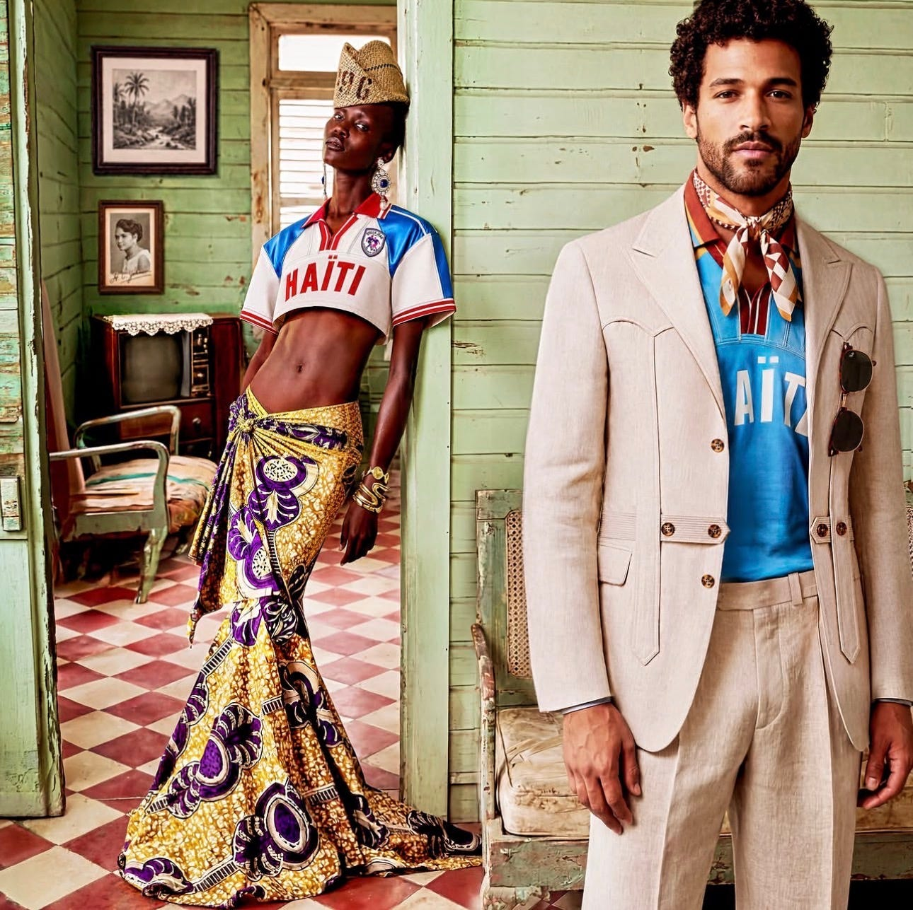 Fashion photograph set in a room with green-painted wooden walls and a red-and-white checkered tile floor. A tall dark-skinned woman in a cropped white Haiti soccer jersey, a flowing gold and purple African wax-print skirt, and a straw hat stands in a doorway in the background. In the foreground, a lighter-skinned man in a linen blazer over a blue Haiti jersey with a silk scarf tied at his neck faces the camera.