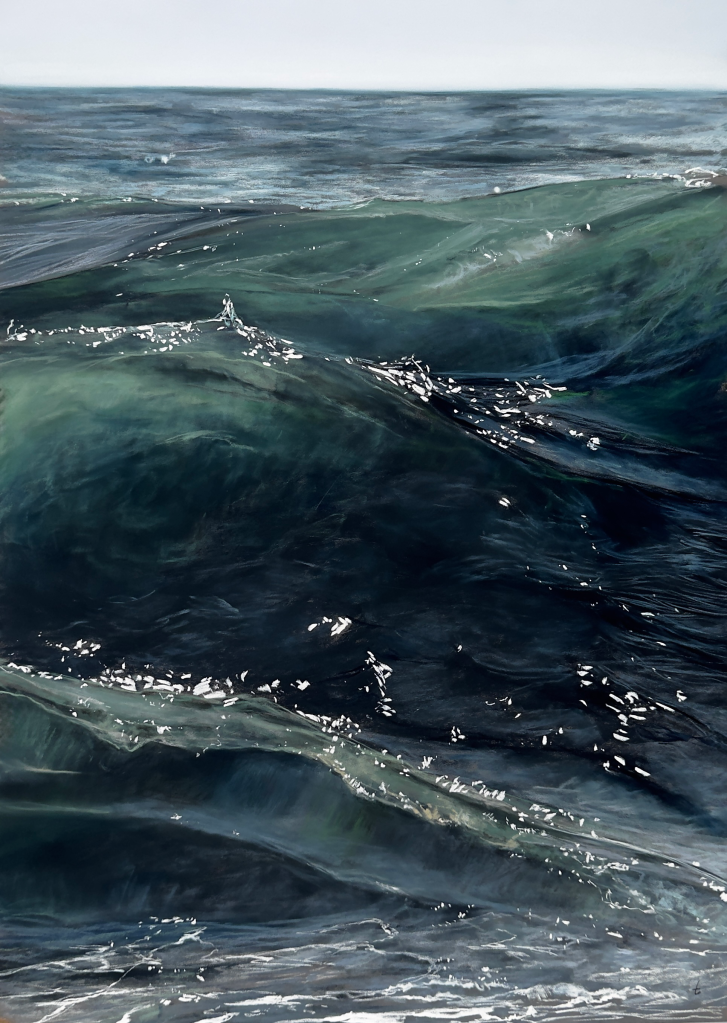 A dramatic close-up soft pastel drawing of large ocean waves in deep teal, green, and navy tones, with white sea foam catching the light along the wave crests.
