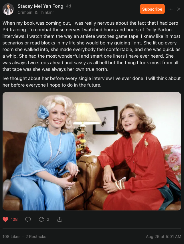Screenshot of a Substack Note by Stacey Mei Yan Fong ("Crimpin' & Thinkin'") describing watching Dolly Parton interview tapes for PR training before her book launch, calling Parton her guiding light and "own true north." Below the text is a photo of Dolly Parton and Barbara Walters seated together on a couch during an interview, Parton in a blue outfit with platinum blonde hair, Walters in a red dress with auburn hair.