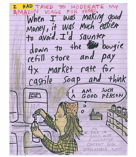 Hand-drawn comic-style illustration on lined paper with a caption reading that the artist had tried for years to moderate their Amazon usage, describing how it was easier to avoid when money was good — sauntering to a pricier refill store to pay a premium for castile soap and feeling virtuous about it. Below, a sketch shows a woman refilling a soap bottle from a wall of dispensers, with a note labeling it "me back in 2023, with a lucrative contract gig, unrelatable now."