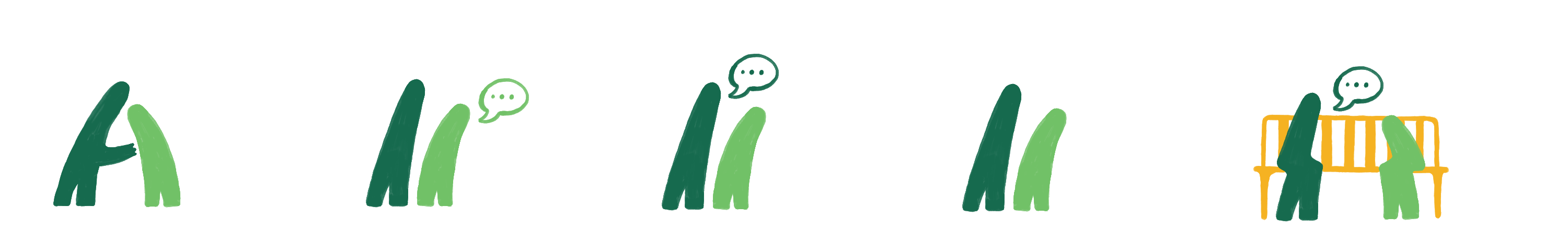 Row of five simple green illustrated figure pairs in different poses — leaning together, chatting with speech bubbles, standing side by side, and sitting on a yellow bench