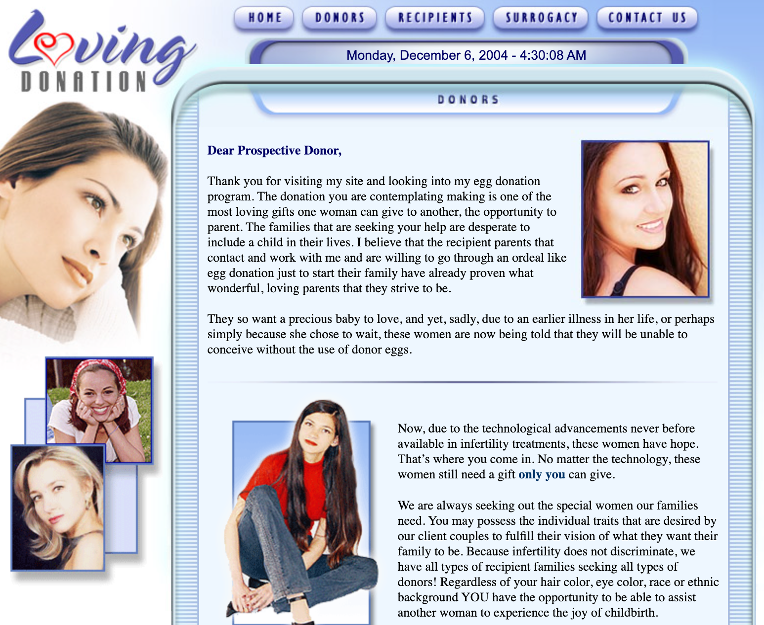 Screenshot of the early-2000s Loving Donation website homepage, showing a 'Dear Prospective Donor' welcome letter and photos of young women in the donor gallery, dated December 2004.