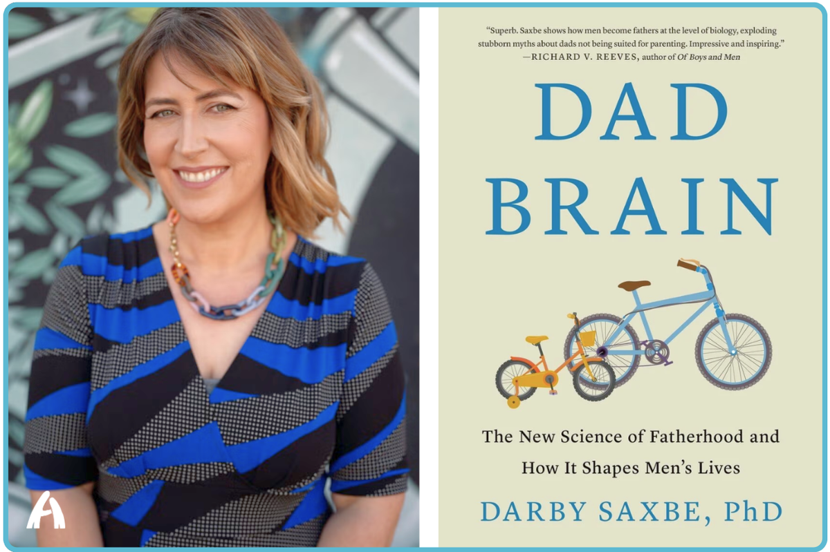 A promotional image showing author Darby Saxbe, PhD, a smiling woman with short sandy hair wearing a blue-and-black striped dress and colorful necklace