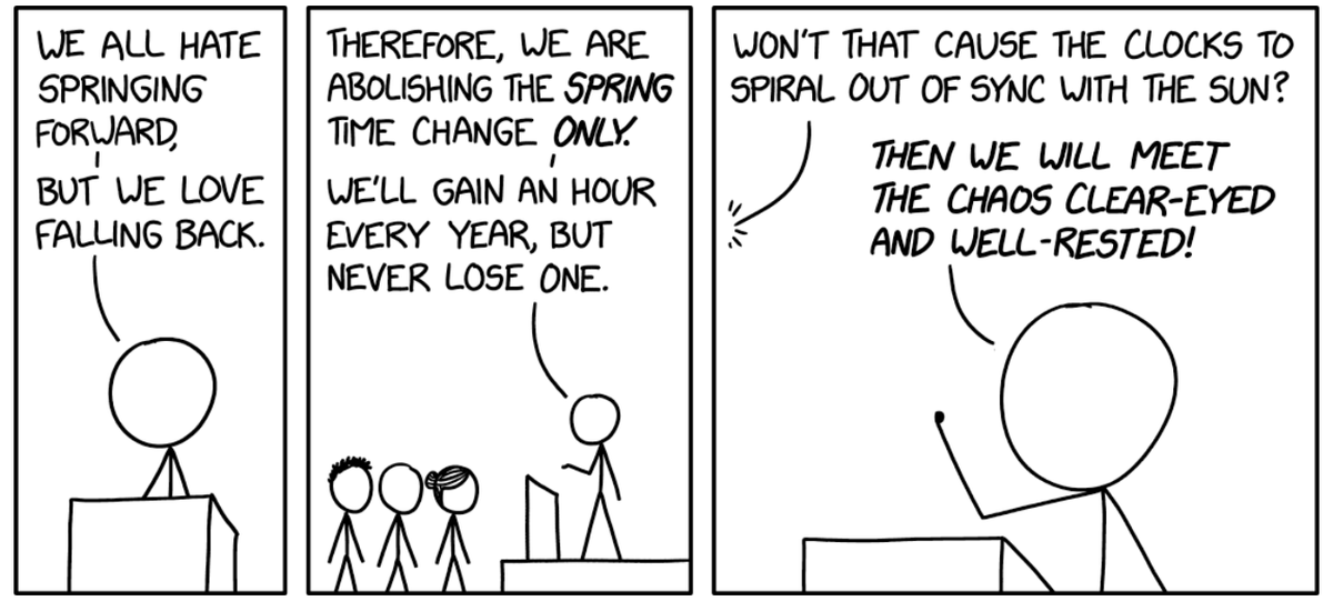 Three-panel stick-figure comic. A speaker on a podium says everyone hates springing forward but loves falling back, so they propose abolishing the spring time change only, gaining an hour eve