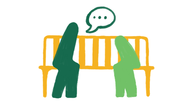 Two abstract figures sit side by side on a yellow benchA speech bubble with three dots floats above them, suggesting conversation. The illustration uses a simple, hand-drawn style.