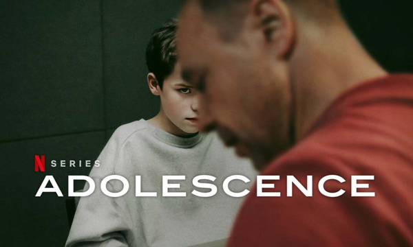 Promotional image for the Netflix series "Adolescence," The Netflix "N Series" logo and the title "ADOLESCENCE" appear in white text at the bottom left.