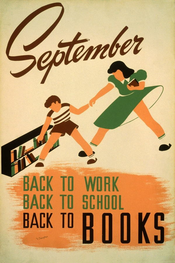 1940s-era poster in shades of brown, tan, orange and green. The poster depicts a stylized image of two children, a boy and a girl, with legs spread as though walking, and reaching toward a lo