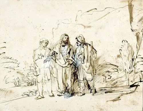 Rembrandt, Le Christ avec deux disciples sur la route d'Emmaüs, encre et lavis sur papier, c. 1655, bibliothèque de l'université de Varsovie.