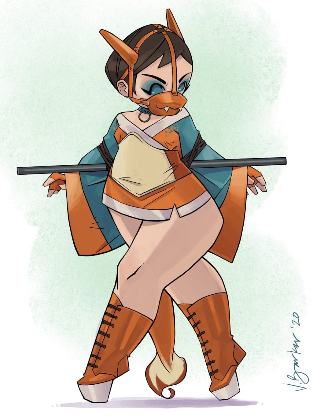 A cute curvy pinup girl dressed as Charizard, wearing a muzzle strapped to her face and an orange and teal mini kimono that leaves her legs above her gogo bare.