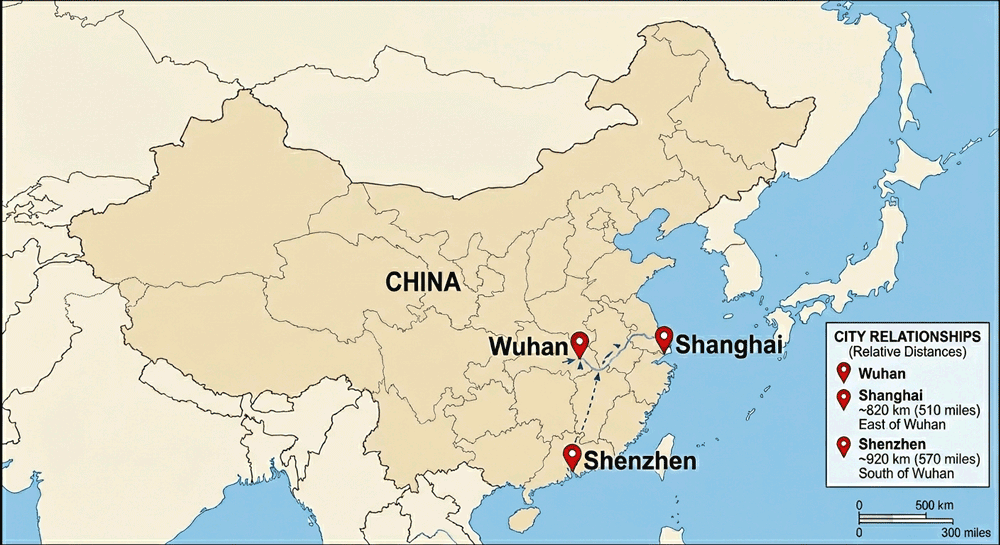 Map of China Showing Wuhan in regards to Shenzhen and Shanghai