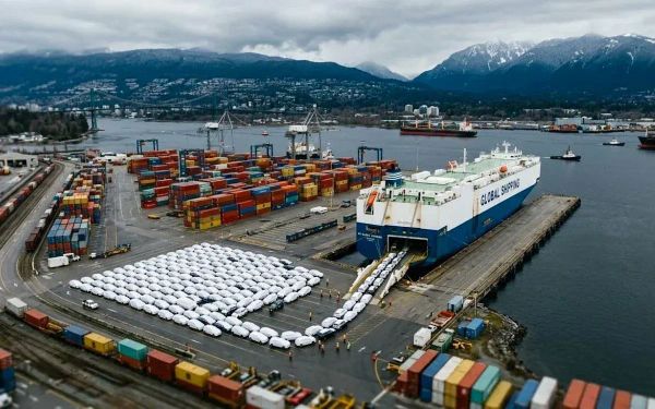 AI generated illustration of Chinese-made EVs arriving at the Port of Vancouver. Image: Gemini