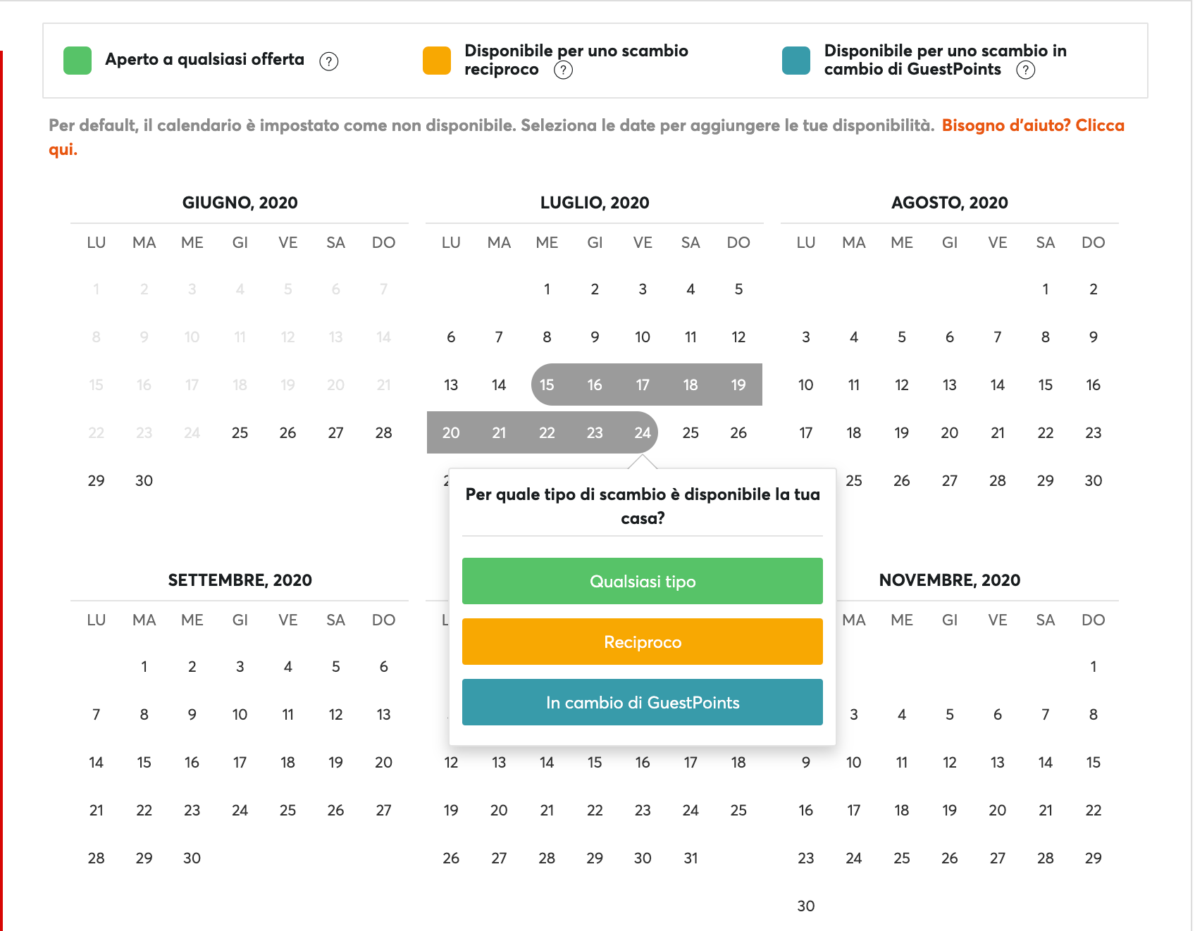 come aggiornare calendario scambio casa HomeExchange