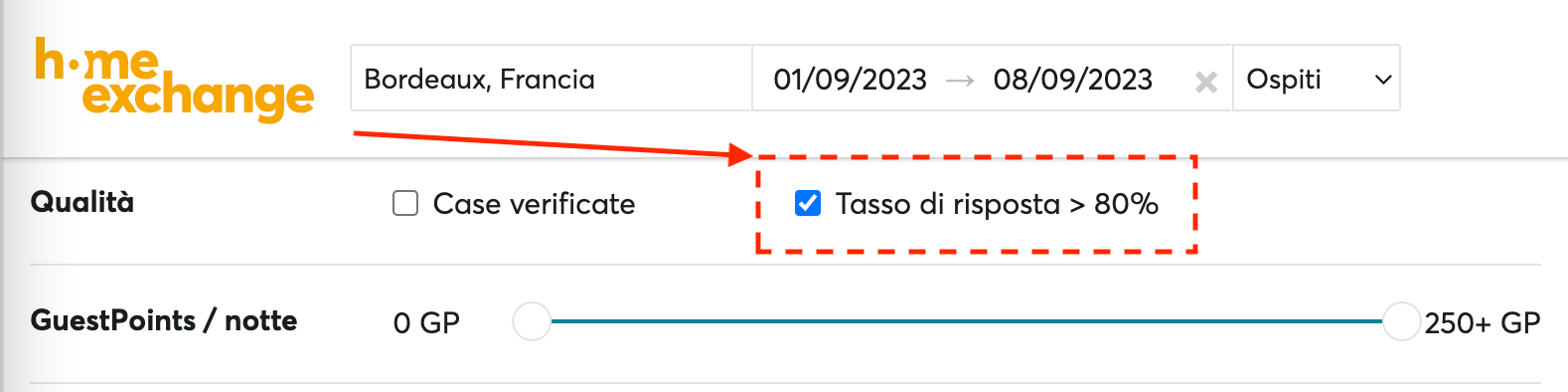 Screen filtro di ricerca: spunta della voce “Tasso di risposta > 80%".