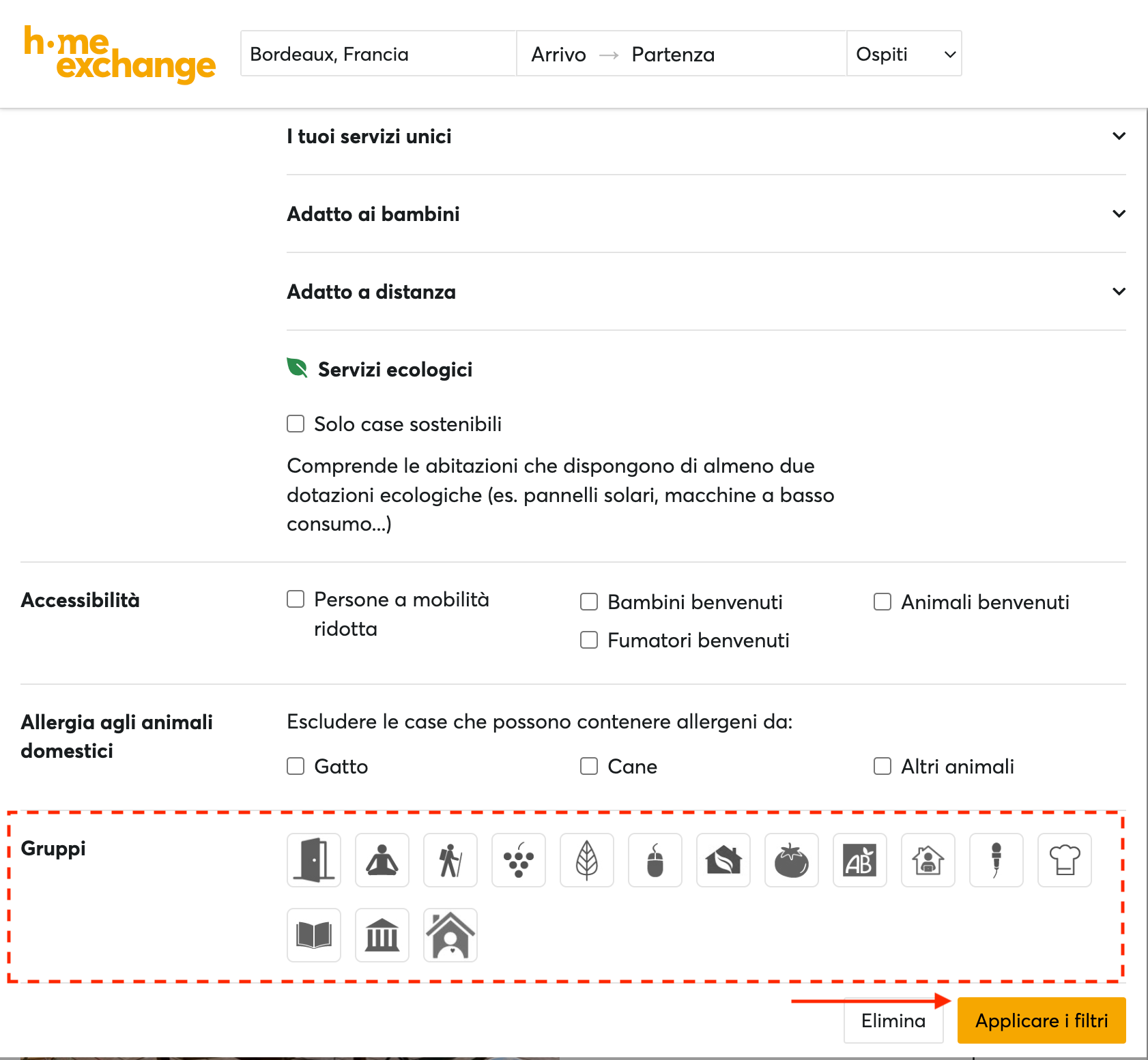 Gruppi nella schermata di modifica - Come migliorare il tuo profilo su HomeExchange