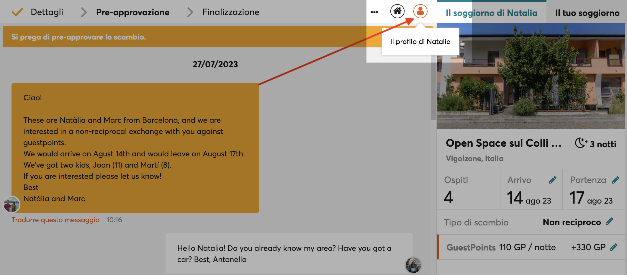Link al profilo dai messaggi - Come migliorare il tuo profilo personale su HomeExchange