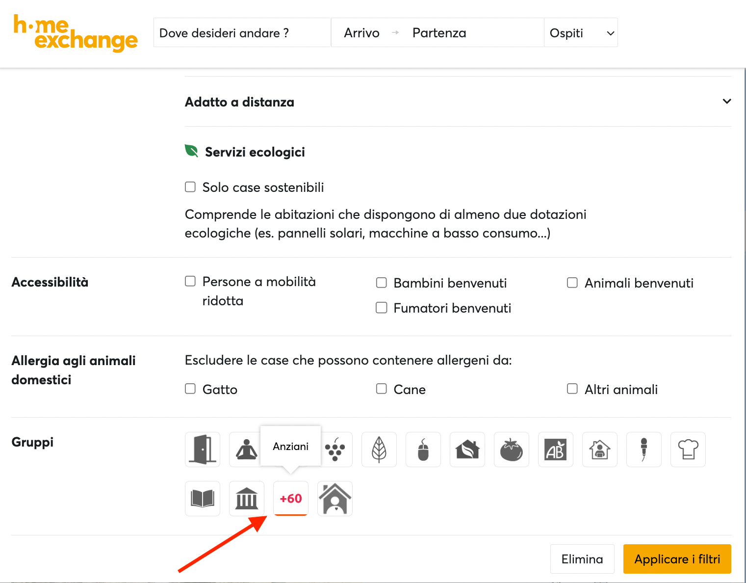 Lo scambio casa per chi è in pensione: il fitro Anziani nella ricerca (screenshot)