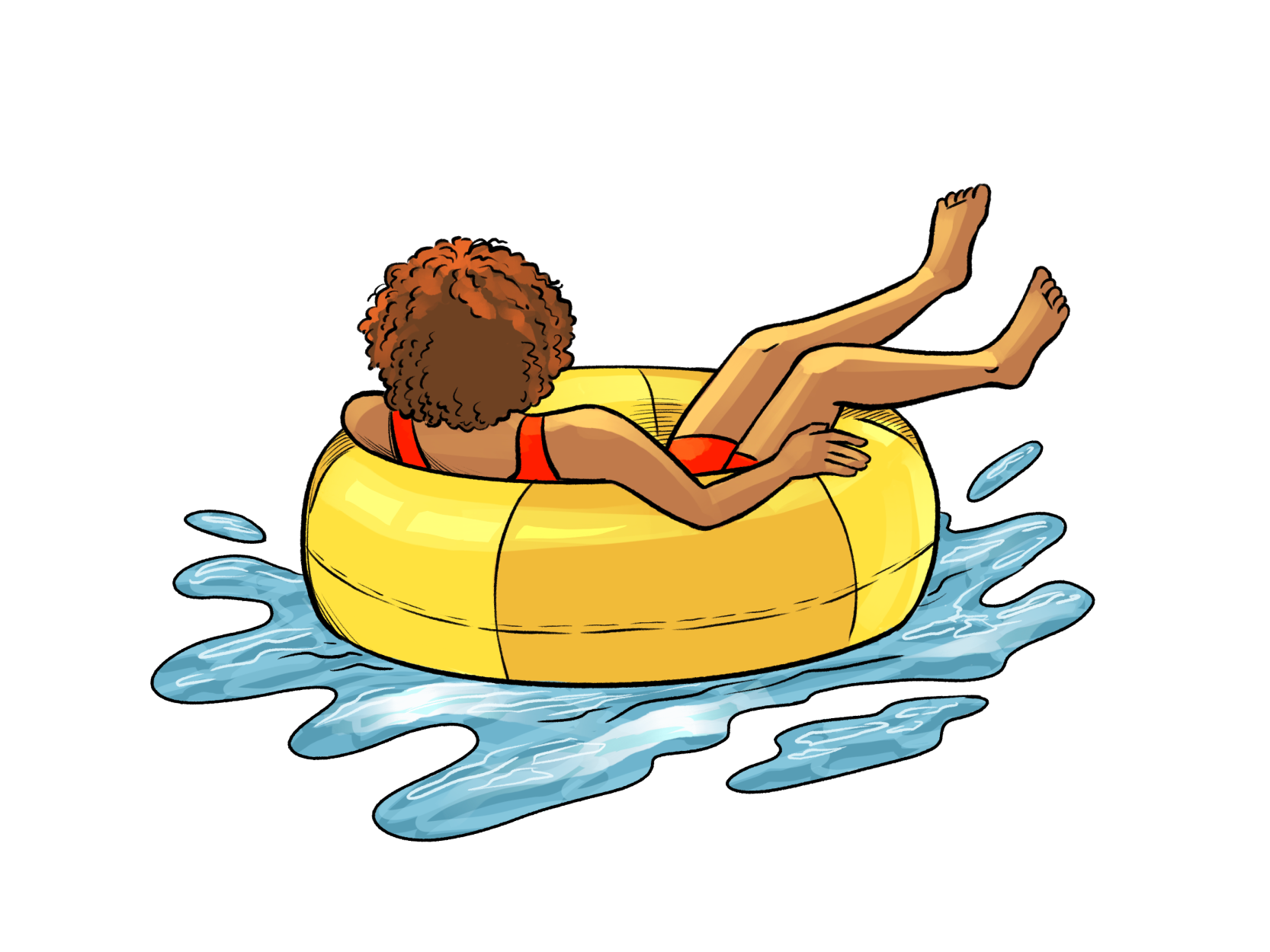 An illustration of a person floating on a yellow inner tube in blue water, seen from behind, with their legs kicked up.