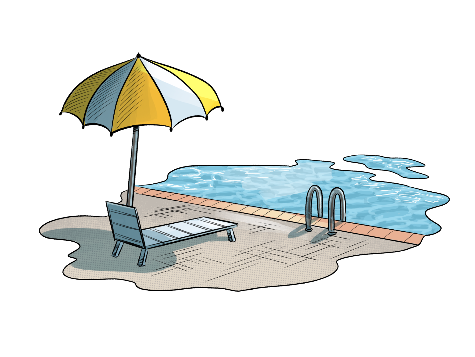 An illustration of an outdoor swimming pool with a lounge chair and yellow-and-white umbrella on a pool deck with metal entry rails.