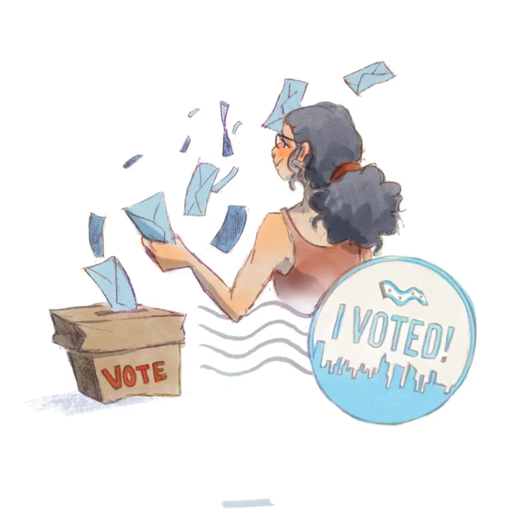 Una chica admirando los votos de una caja que dice "Vota." En frente de la chica hay un sticker celeste que dice "Yo voté"
