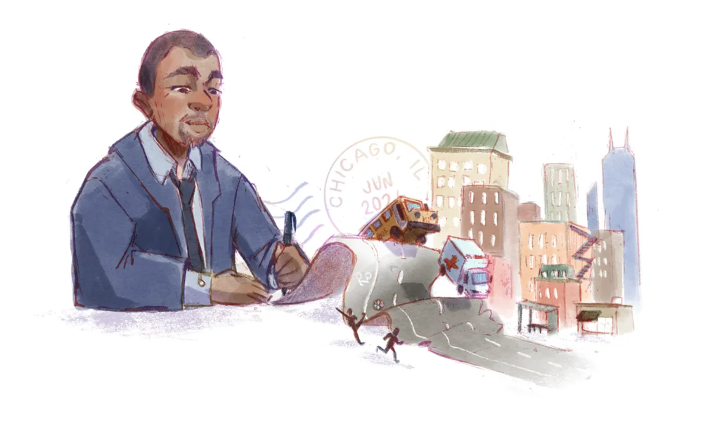 Ilustración representa a un hombre escribiendo legislaciones que terminan afectando a las escuelas, hospitales y el resto de la cuidad.