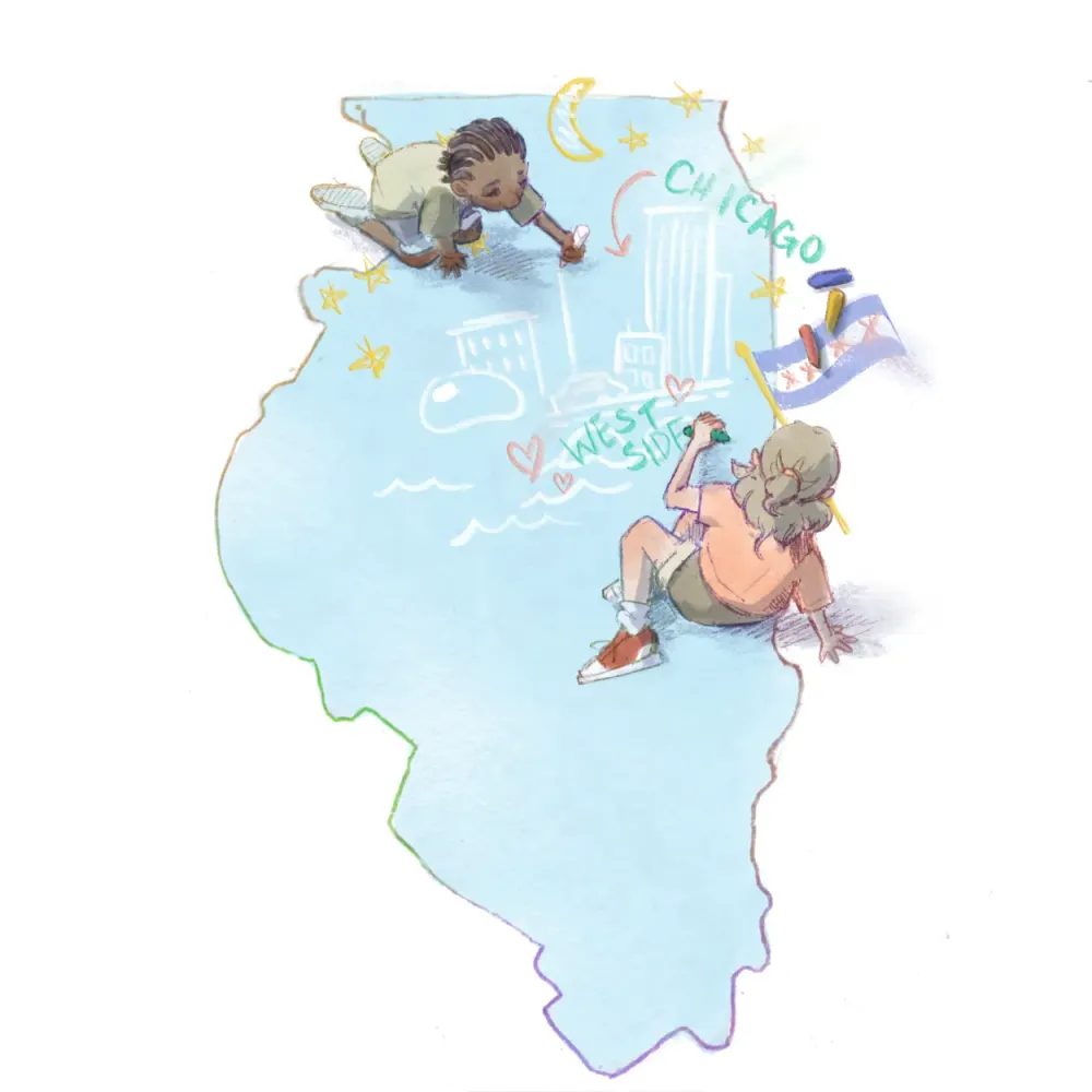 Ilustración de dos niños dibujando el mapa de Chicago de color celeste. En el mapa también apuntan al West Side con una flecha y cuatro edificios.