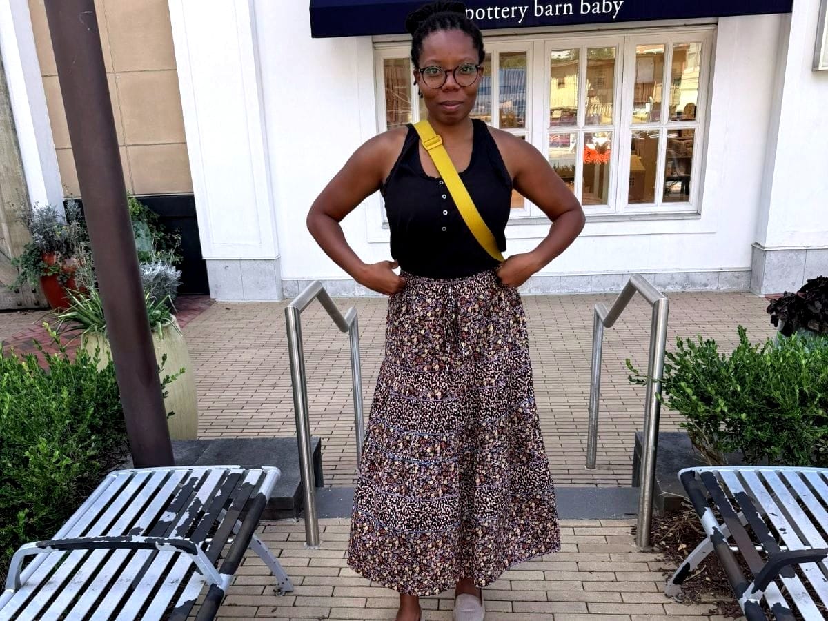 Front view of me wearing my handmade three-tiered Mave skirt.